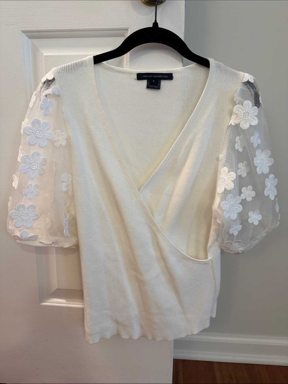 French Connection Cream Floral Puff-Sleeve Wrap Top